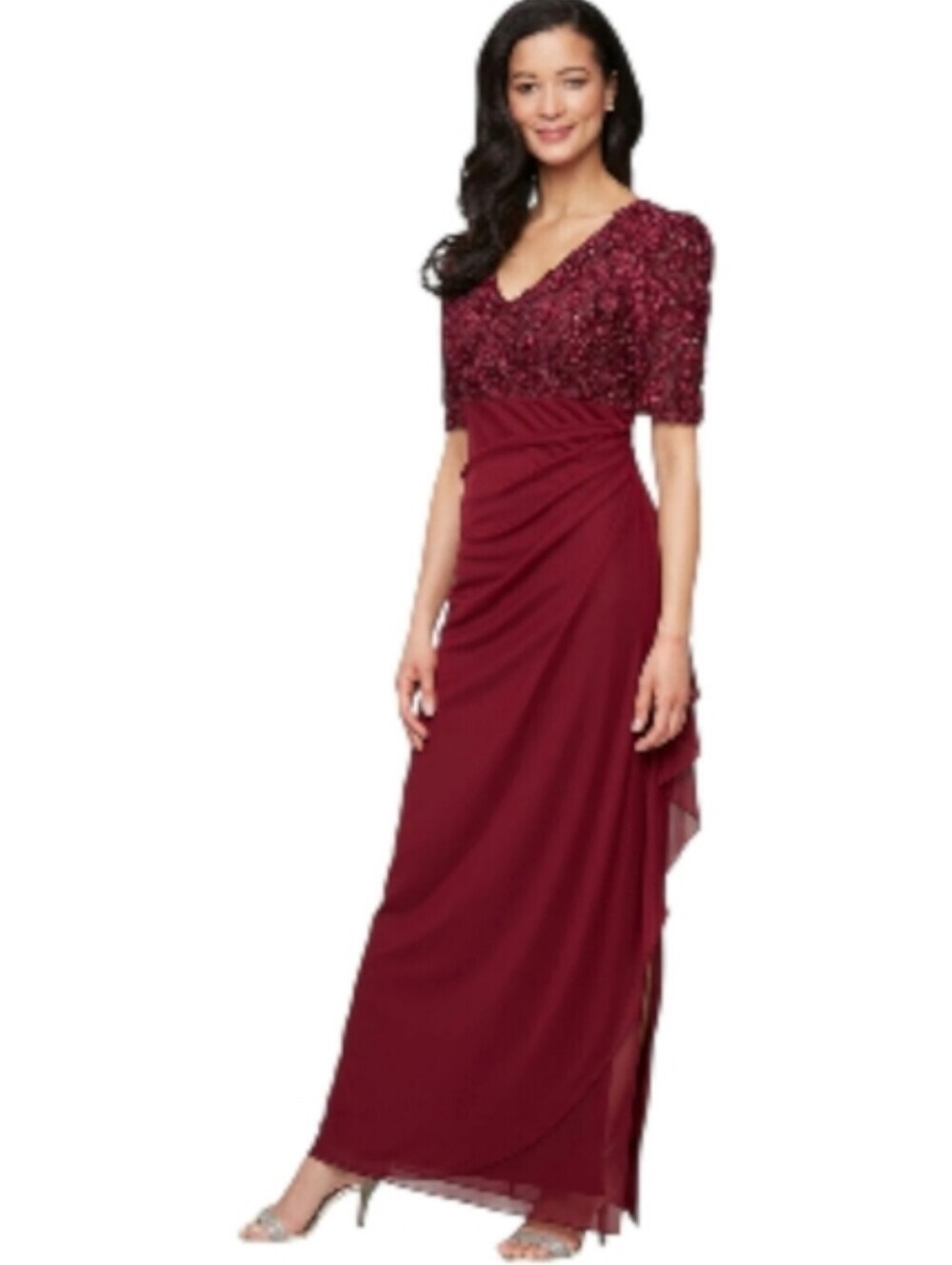 Alex Evenings Embellished Evening Gown With Puff Sleeve Detail